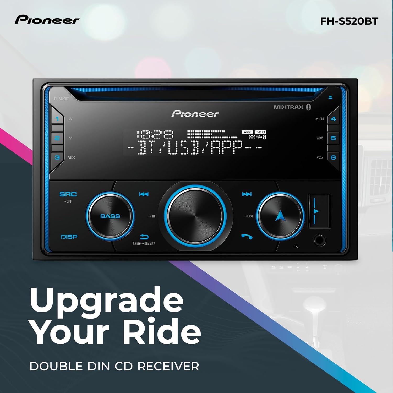 Pioneer FH-S520BT Double Din CD Receiver – Bluetooth, USB/AUX, FLAC, AM/FM Radio, 13-Band EQ, 50W x 4, Voice Control, Front, Rear/SW Selectable RCA Preouts