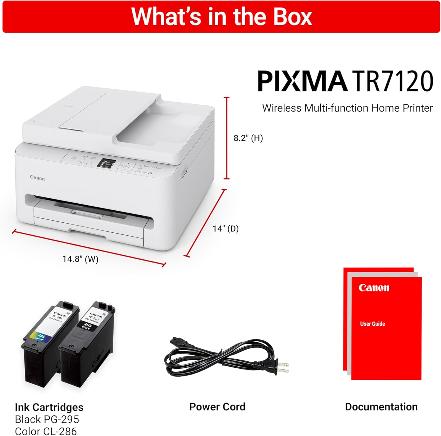 Canon PIXMA TR7120 Wireless Color Inkjet Printer for Duplex Printing, White – Home Printer with Copier/Scanner, Auto Document Feeder, Compact Design, Intuitive Control Panel