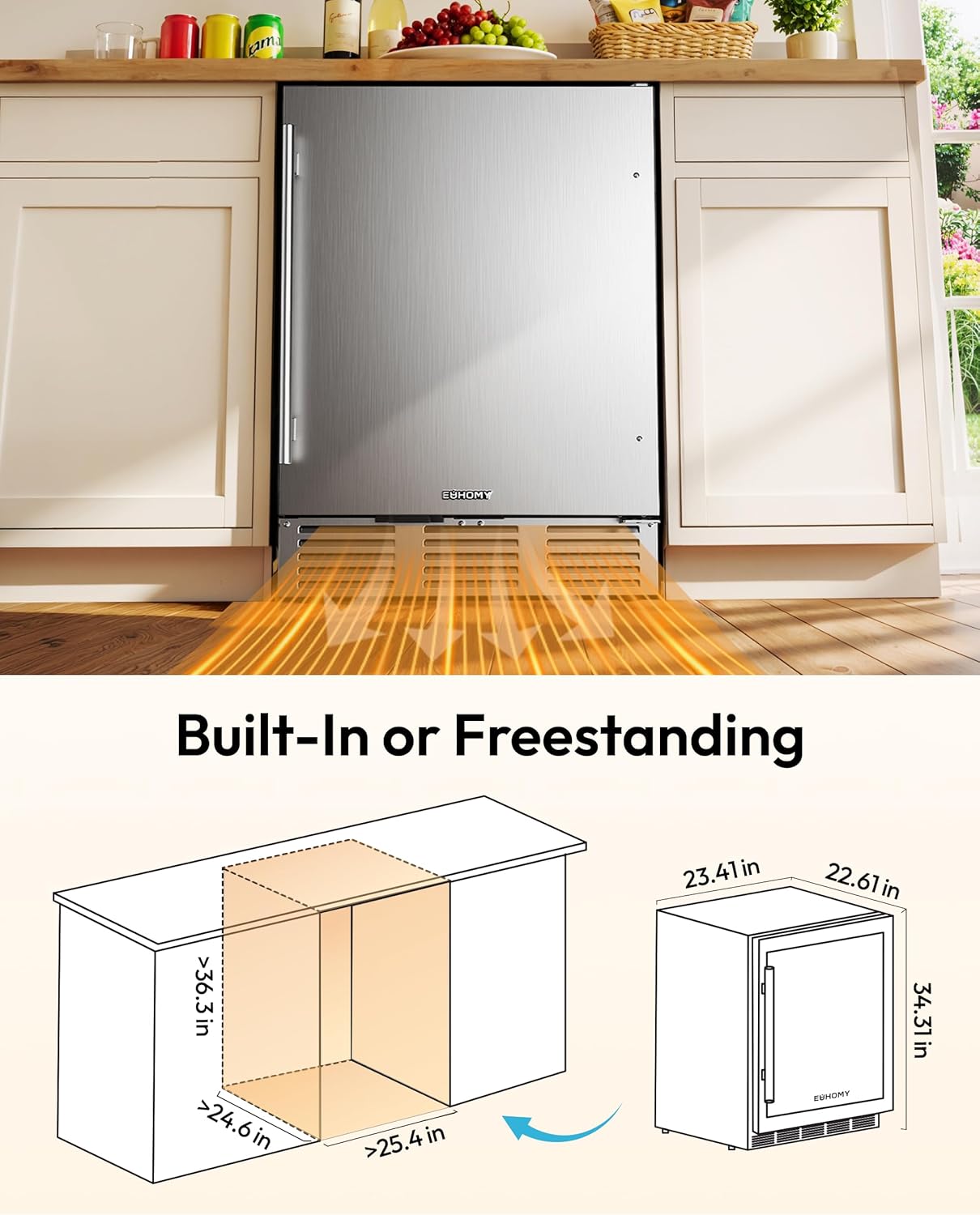 EUHOMY 24 Inch Beverage Refrigerator, Undercounter Beverage Fridge 180 Can with Stainless Steel Door for Home Patio, Beverage Cooler Built-in or Freestanding, outdoor refrigerator for Soda Beer Wine