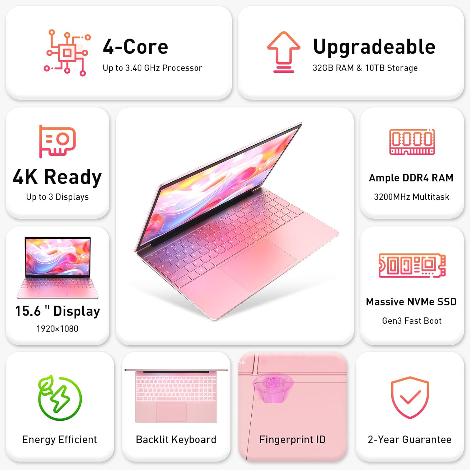 Auusda Business Laptop Computer for Work, Notebook PC for College Students, 15.6" FHD Display, 4-Core Processor, Backlit Keyboard, Fingerprint ID, Up to 10TB Storage, 32GB DDR4 RAM, 1TB NVMe, Pink
