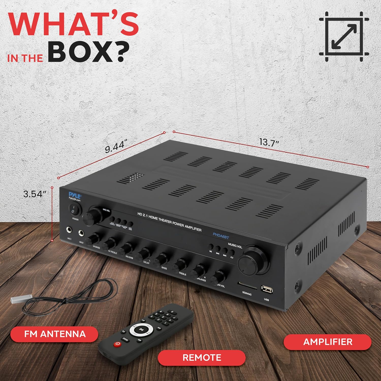 Pyle 400w Home Entertainment Amplifier with Bluetooth - Karaoke Optimized with Dual Mic Inputs with Reverb and Delay, Hi Def in and Out for Home Theater, USB-A Input, SD Card, FM Radio - PHDA6BT