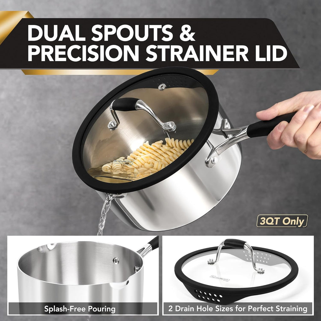 MICHELANGELO Triply Stainless Steel Saucepan Set with Strainer Lid, Heavy-duty Sauce Pan with Lid, Multipurpose Sauce Pot Induction Compatible - 1QT & 2QT & 3QT