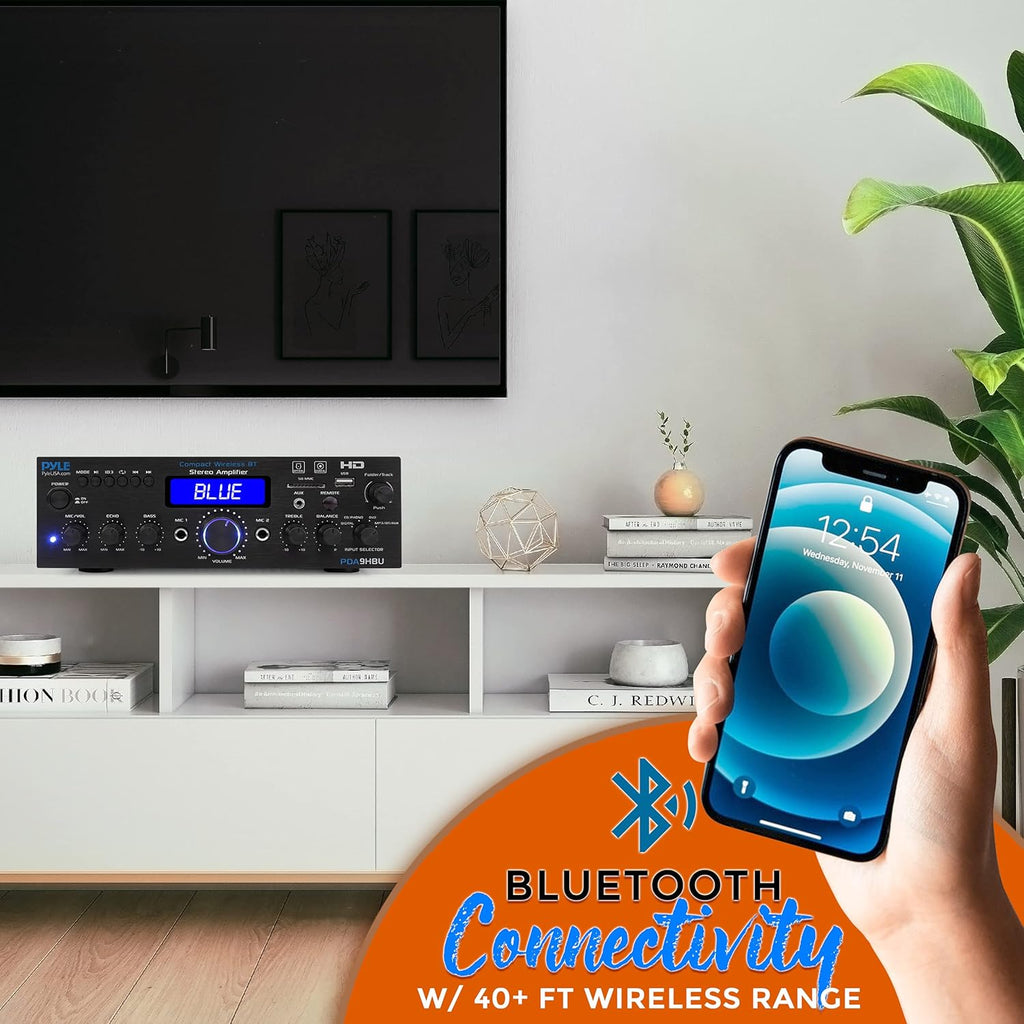 PyleUsa Wireless Bluetooth Home Stereo Amplifier - Multi-Channel 200 Watt Power Amplifier Home Audio Receiver System w/ HDMI, Optical/Phono/Coaxial,FM Radio, USB/SD, AUX, RCA,Mic in Remote - PDA9HBU.6