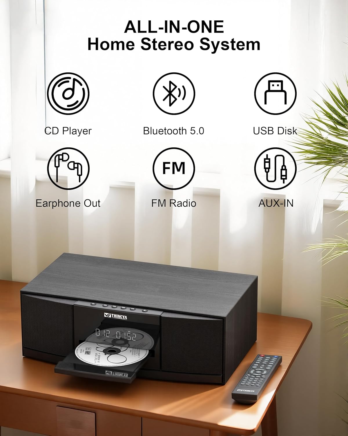 Vintage Bluetooth Stereo System for Home, THINKYA 36W RMS Micro HiFi Systems CD Player Dual 3” Bass with Bluetooth Audio Streaming, FM Radio, USB Port, Aux-in, Remote Control(NO Clock & Alarm)