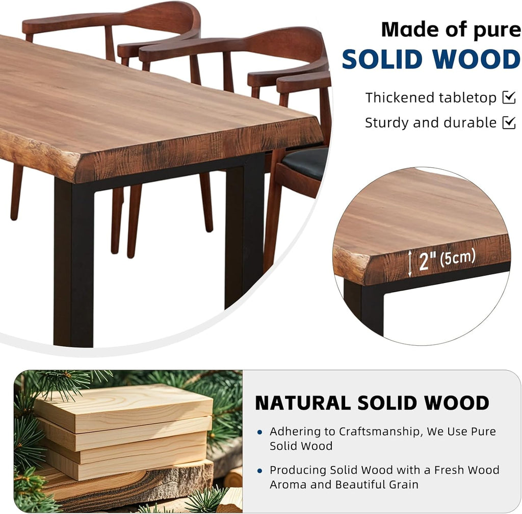 Industrial Solid Wood Dining Table,2" Solid Wood Top,Live Edge Style Kitchen Table for 4-8 People,Farmhouse Dining Room Table for Home, Restaurant or Coffee Shop