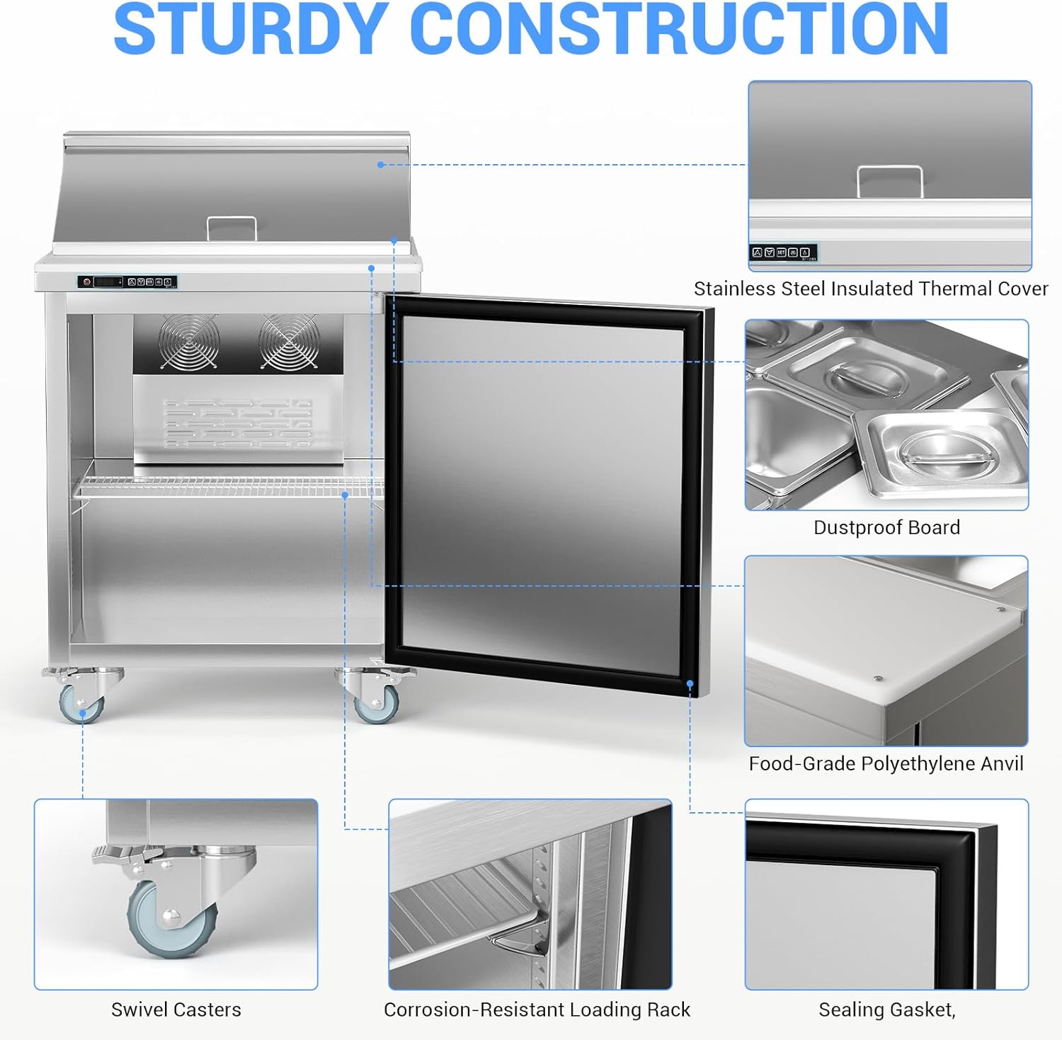 GarveeHome Commercial Refrigerator, 28" Undercounter Worktop Refrigerator,7.4 cu. ft W Single Door Thick Stainless Steel Refrigerator Sandwich Salad Prep Station Cooling with Cutting Board and 8 Pans