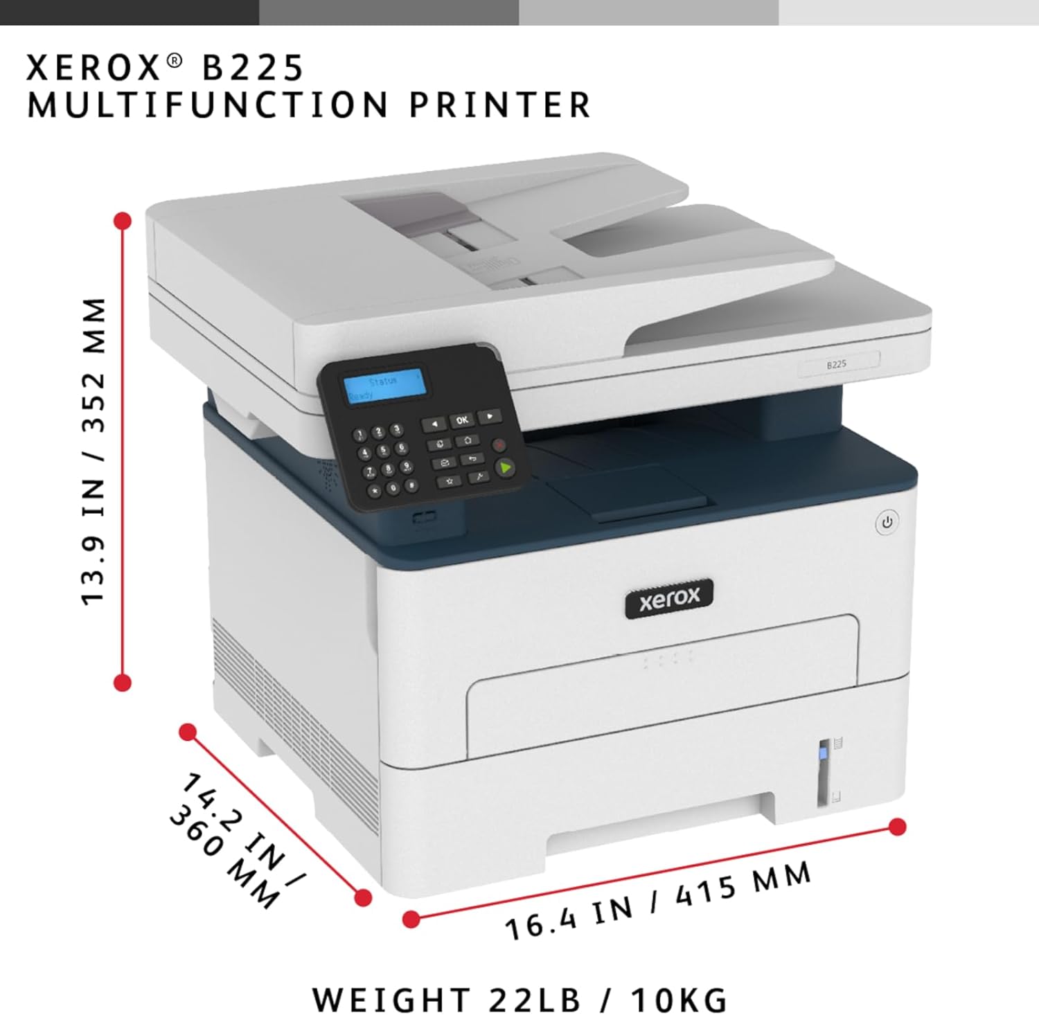 Xerox B225DNI All-in-One Printer, Laser, B&W, Wireless, ADF, Letter, Print, Scan, Copy, Energy Star Certified, Up to 36PPM