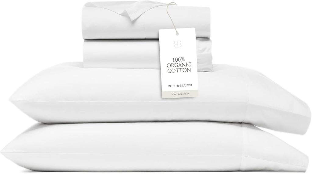 BOLL & BRANCH Signature Hemmed Sheet Set - King, White - Luxury 100% Organic Cotton - Includes 1 Flat, 1 Fitted, 2 Pillowcases - Buttery Soft