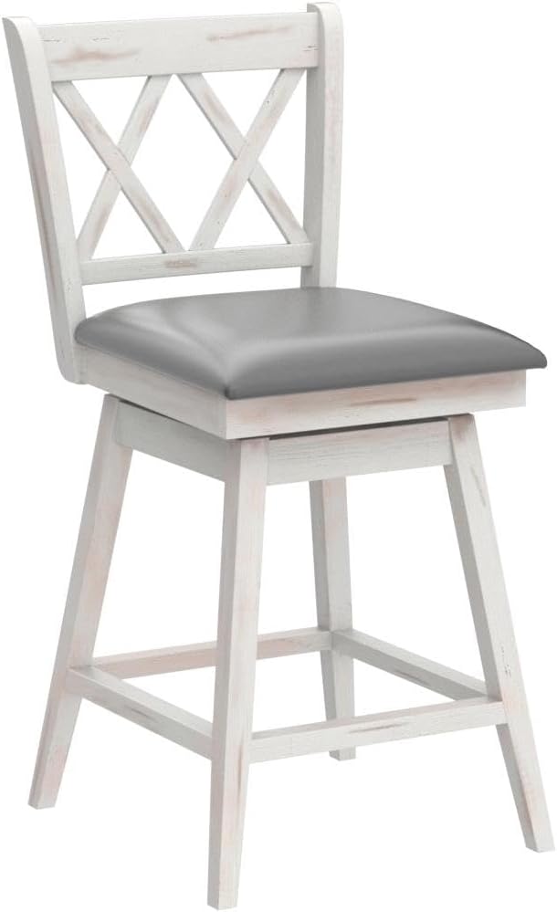 COSTWAY Bar Stool Set of 4, 360 ° Swivel Counter Height 25inch Bar Stool with Foot Rest Upholstered Cushion & Ergonomic Backrest, Sturdy Frame, for Pub, Kitchen Islands (4, Antique White + Grey)