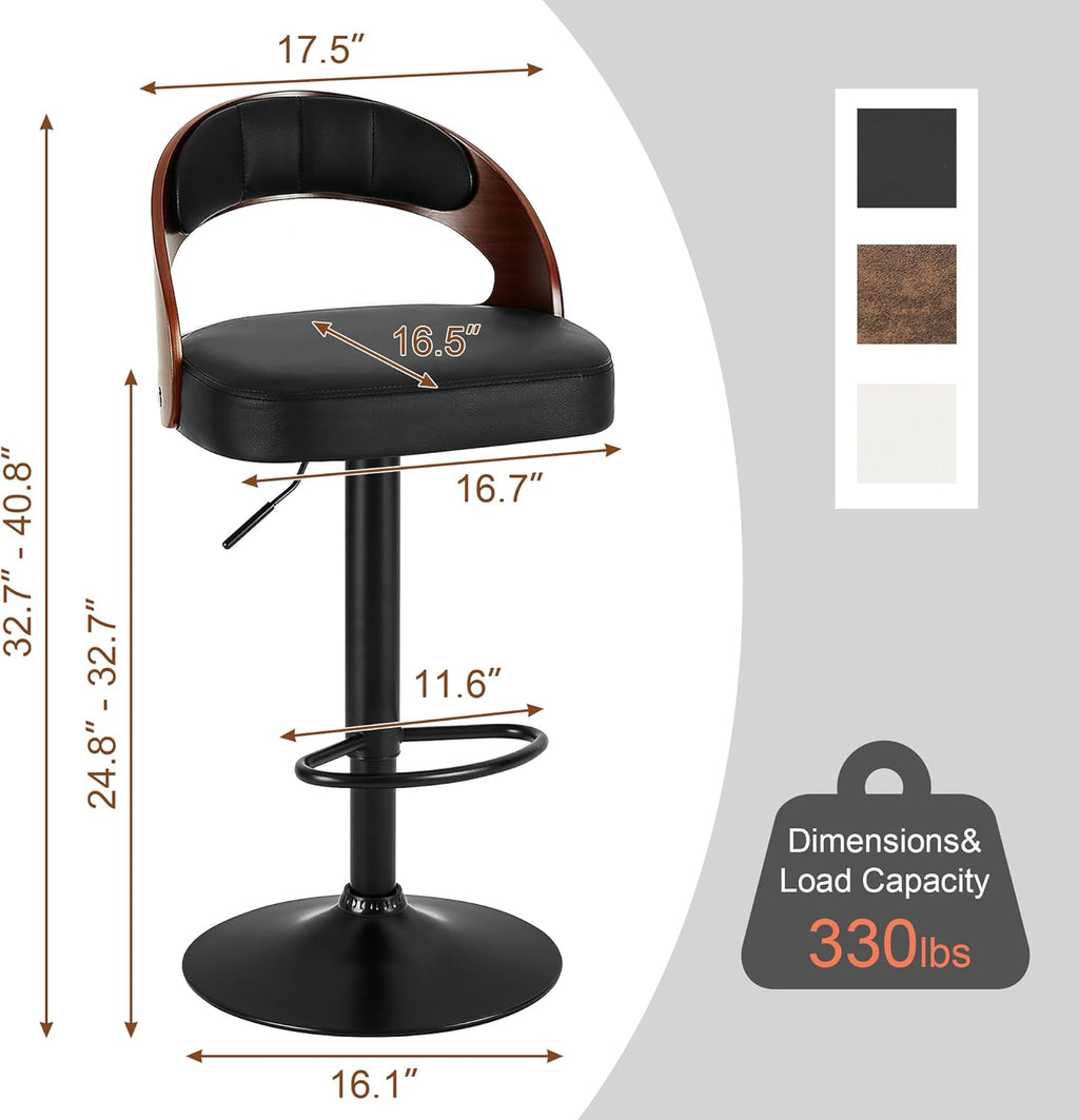VECELO Bar Stools Set of 2,Counter Height Stools with Bentwood Back&Arm, Swivel Barstools,PU Leather Kitchen Island Stools, Adjustable Height Bar Chairs for Club Pub Dining Room,Black