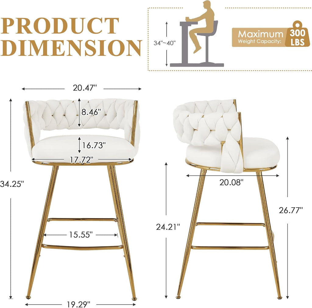 VECELO Bar Stools Set of 4, Counter Height Bar Stools, 26 inch Seat Barstools with Woven Back and Footrest for Kitchen Island Counter, White
