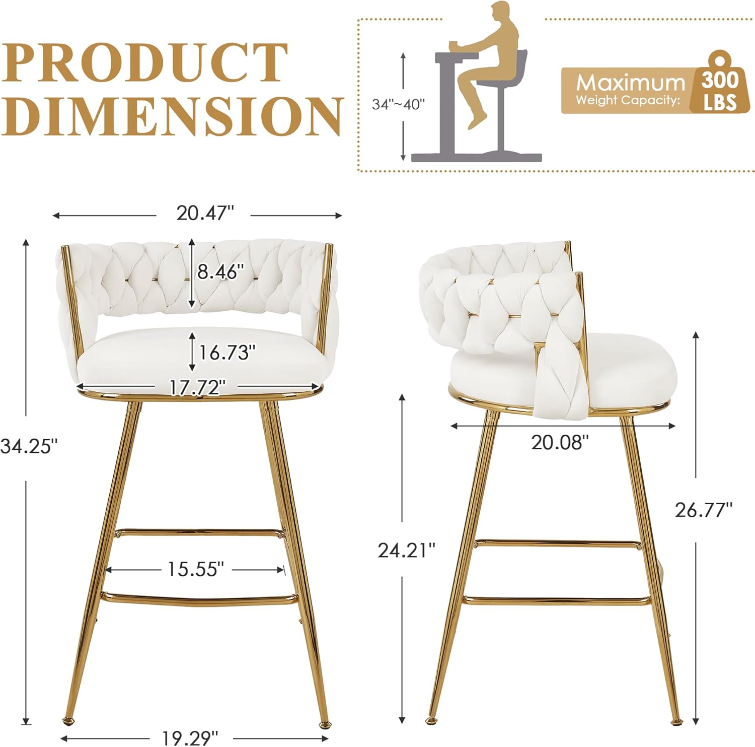 VECELO Bar Stools Set of 4, Counter Height Bar Stools, 26 inch Seat Barstools with Woven Back and Footrest for Kitchen Island Counter, White