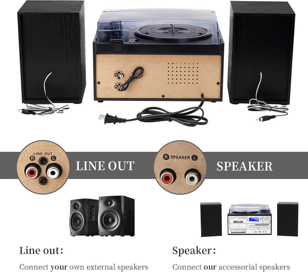 MUSITREND 10 in 1 Record Player with External Speakers, 3 SpeedTurntable with AM/FM Radio, CD & Cassette Player, Bluetooth, USB/SD Playback, Remote Control, Black