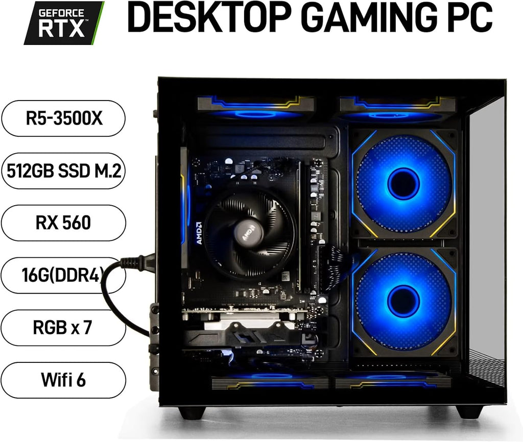 suevery Prebuilt Gaming Desktop Computer 16G Memory 512G SSD Ryzen5 6Cores 3.6G Up to 4.1G 4G Graphics Card WiFi 6 Bundle Gamer Tower Streaming PC (Black, Ryzen5-16G-512G-RX560 4G)