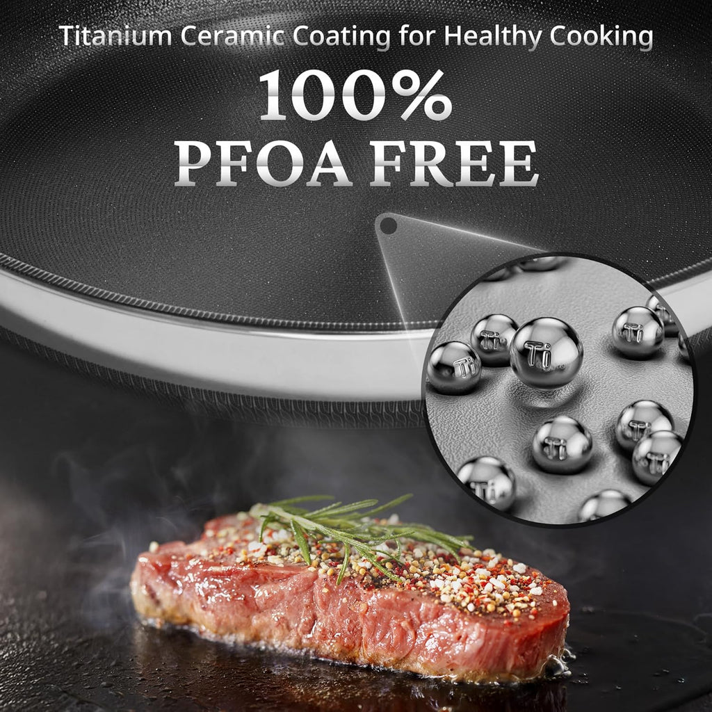 KOKHUB Nonstick Frying Pans with Lids, 8", 10", 12" Titanium Ceramic Tri-Ply Stainless Steel Skillet Set, Non-Toxic, PFAS/PFOA/PTFE Free, Dishwasher & Oven Safe, Induction Compatible