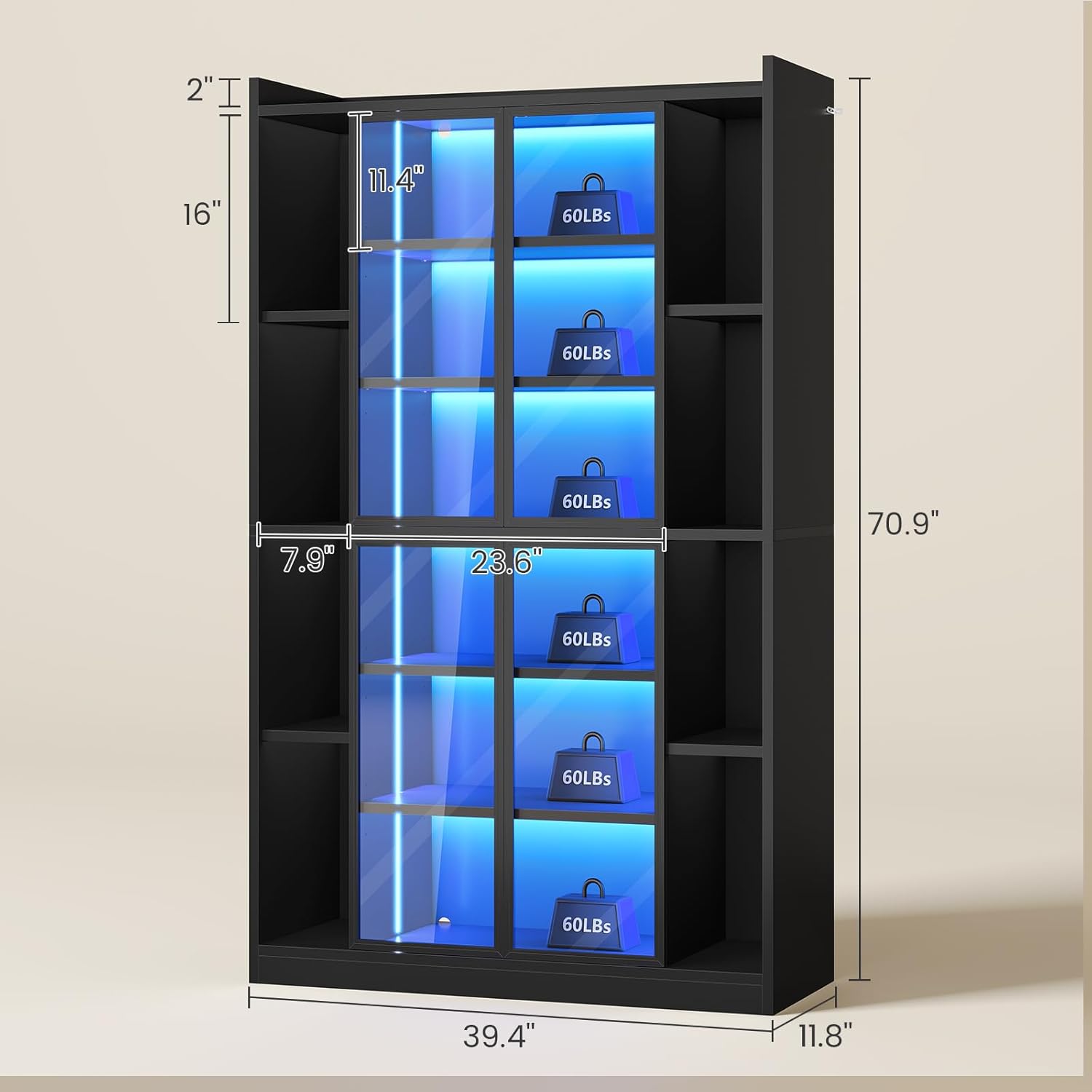 SEDETA 71" Display Cabinet with Acrylic Glass Doors, 6 Tier Display Cases for Collectibles, Curio Cabinet with LED Lights, Tall Bookcase with Adjustable Shelves, Black