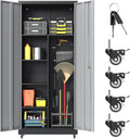 Metal Garage Storage Cabinet with Wheels, Locking Broom Closet Storage Cabinet with Adjustable Shelves, 71" H Tool Cabinet for Utility Room, Workshop, Warehouse