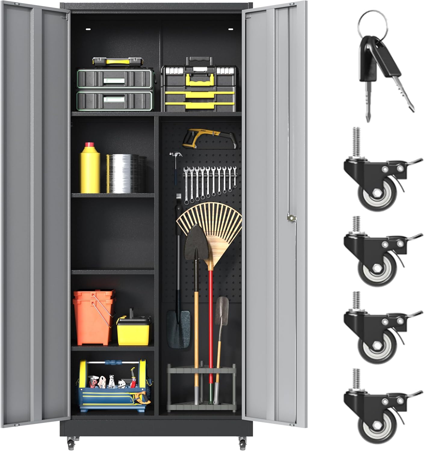 Metal Garage Storage Cabinet with Wheels, Locking Broom Closet Storage Cabinet with Adjustable Shelves, 71" H Tool Cabinet for Utility Room, Workshop, Warehouse