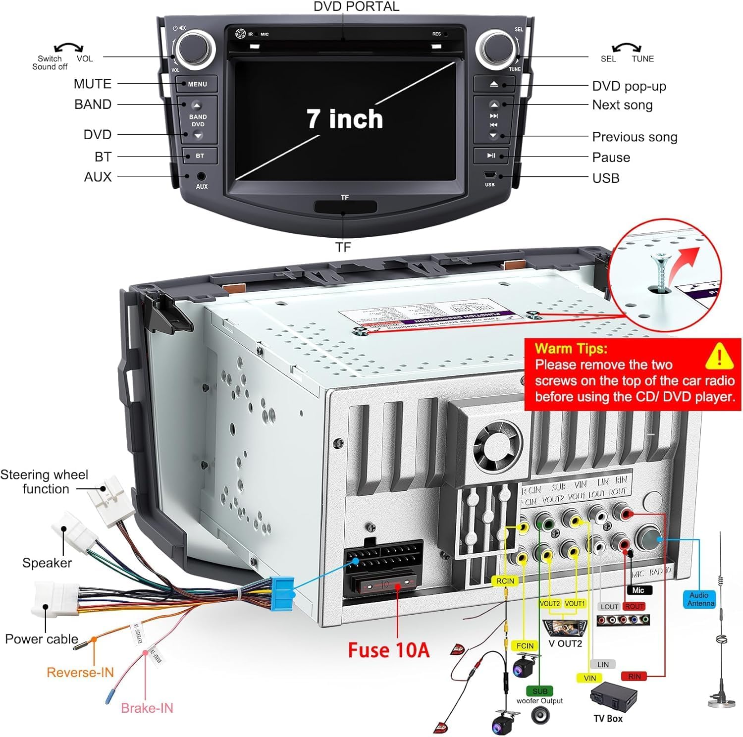 Car Radio for Toyota RAV4 2007 2008 2009 2010 2011 2012, 7-inch Touch Screen Stereo Support CD/DVD,CarPlay&Android Auto, Bluetooth5.2&Voice Control, Backup Camera& SWC,AM/FM Car Radio Receiver