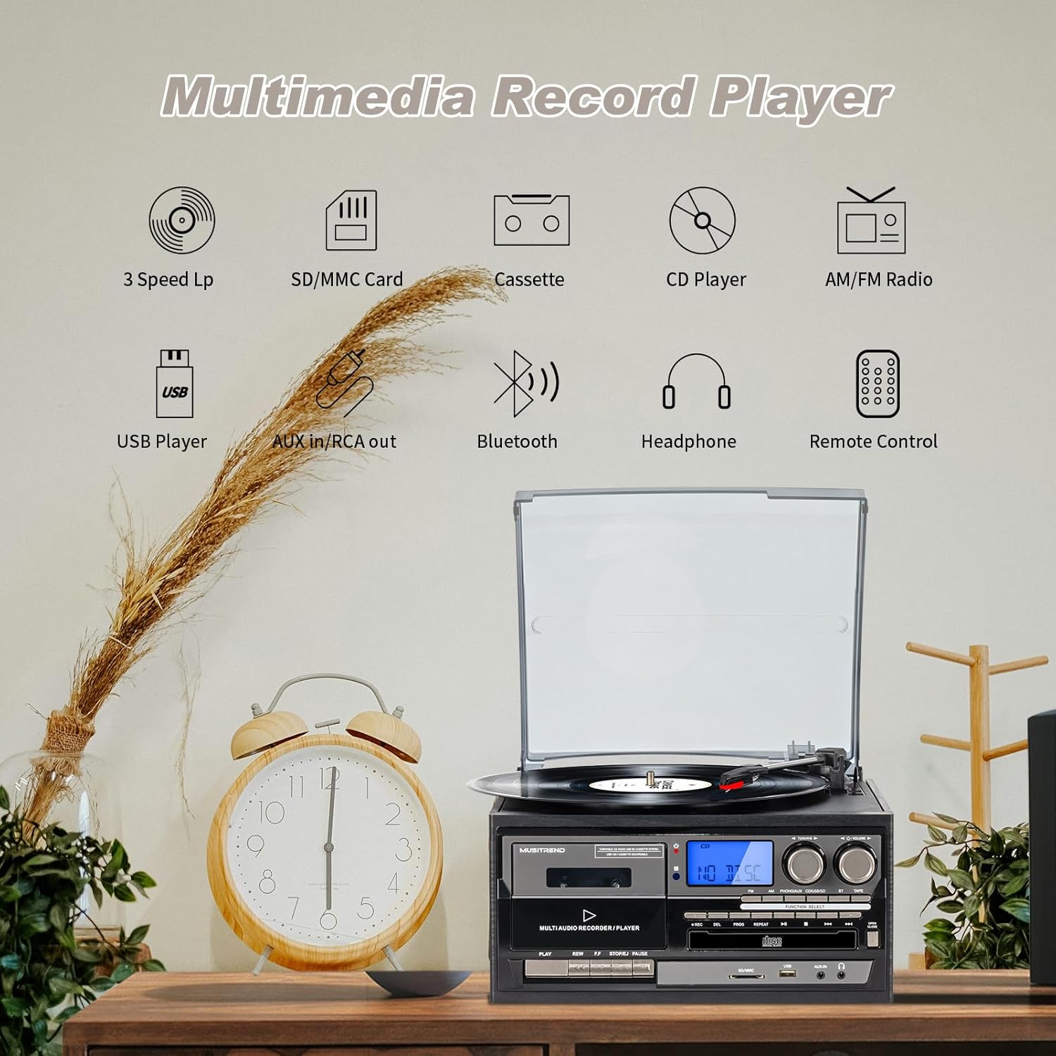 9-in-1 Vintage Bluetooth Record Player for Home Entertainment, 3-Speed Turntable with AM/FM Radio, CD & Cassette, USB/SD/MMC Input, Built-in Stereo Speakers, Remote Control, Aux in & RCA Line Out