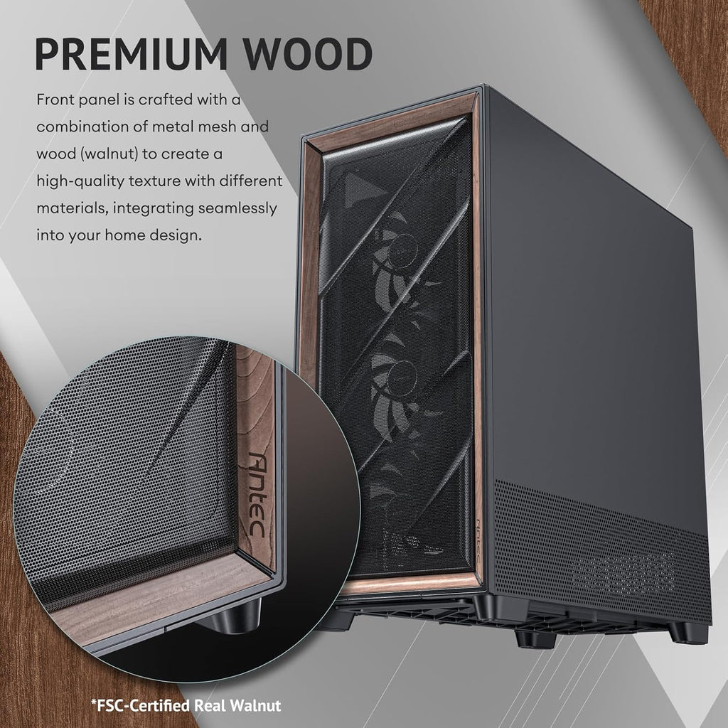 Antec Flux Pro, 6 x PWM Fans Included, High-Airflow Front Panel with Walnut Wood, iShift PSU 90° Mount, USB3.0 x 2, Type-C, 420mm Radiator Support, Temp. Display, Full-Tower E-ATX PC Case