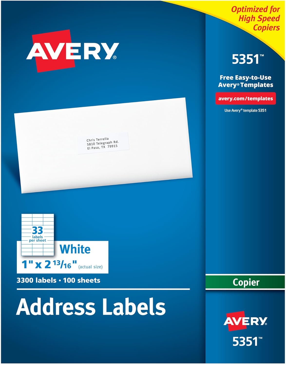 Avery Address Labels for Copiers 1" x 2-13/16", 16,500 White Labels (5351)