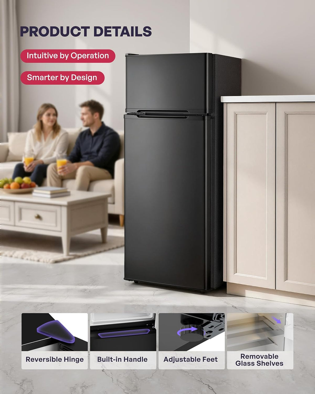 Icyglee 4.5 Cu.Ft Mini Fridge with Freezer, 2 Doors Small Fridge with Adjustable Thermostat & Removable Glass Shelves, Small Refrigerator for Kitchen Office Dorm, Quiet Operation, Black