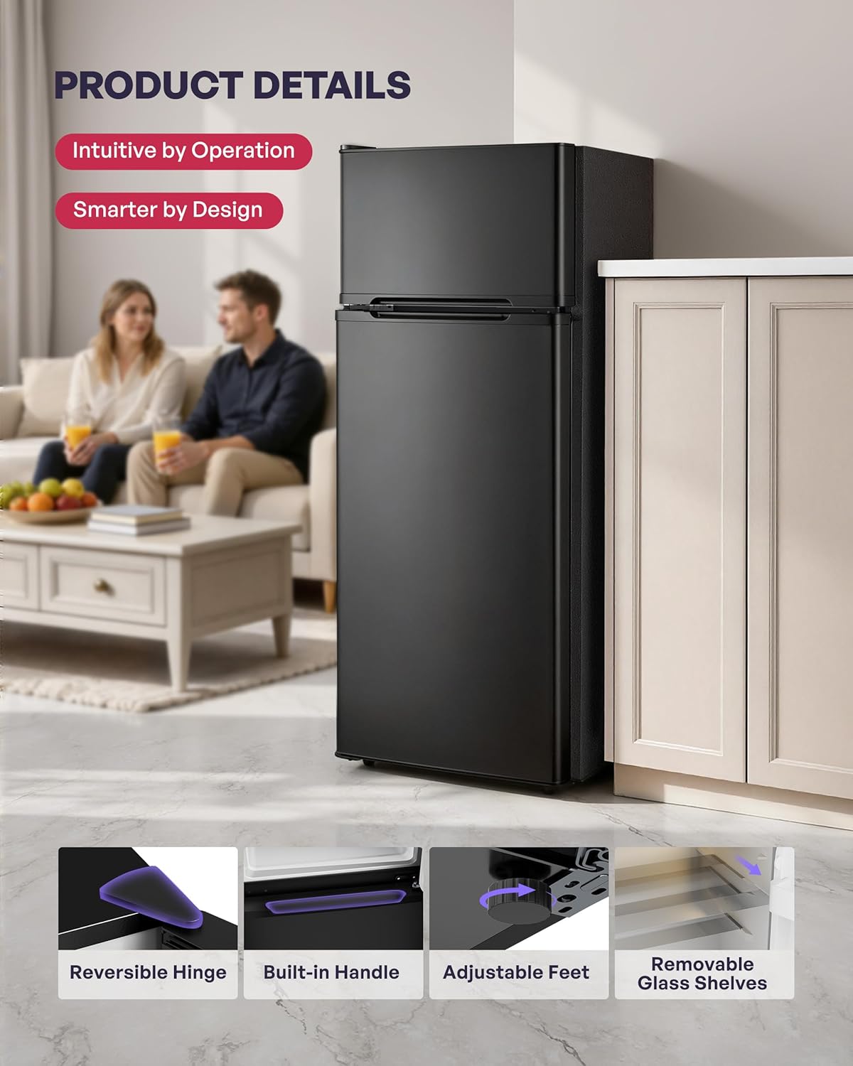 Icyglee 4.5 Cu.Ft Mini Fridge with Freezer, 2 Doors Small Fridge with Adjustable Thermostat & Removable Glass Shelves, Small Refrigerator for Kitchen Office Dorm, Quiet Operation, Black