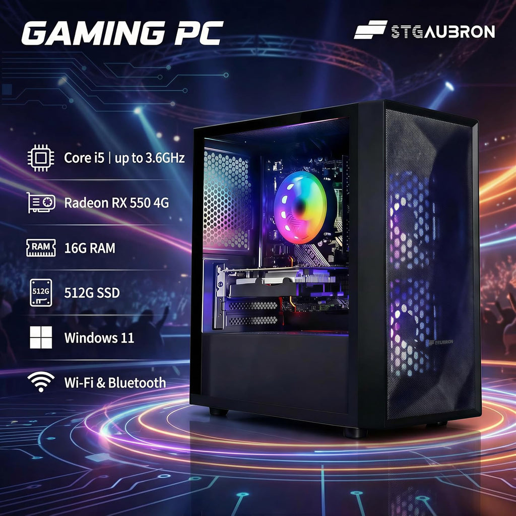 STGAubron Gaming PC Computer Desktop, Intel Core i5 up to 3.6G, Radeon RX 550, 16G RAM, 512G SSD, WiFi 6, BT 5.0, RGB Fan x2, Windows 11 Home