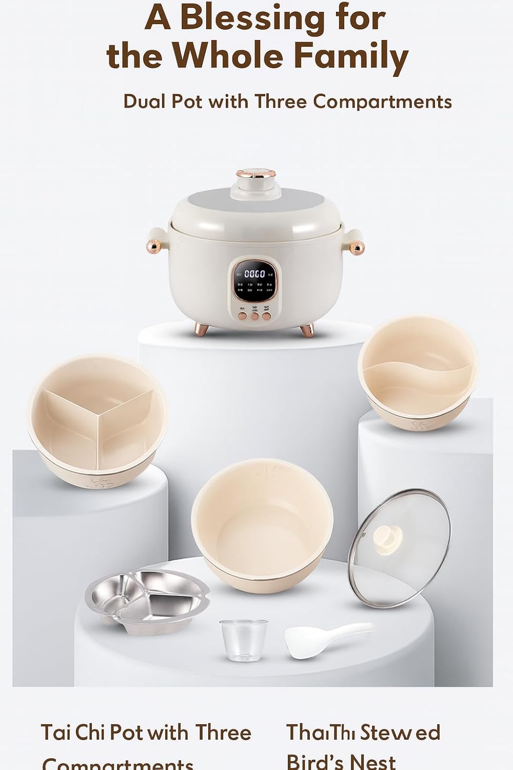 4L Electric Hot Pot Pressure Cooker, Triple Compartment, Digital Control, 1000W, (Cer 3C Liner + Cer DD Liner + Std Liner + 3C Steam Tray, 110V American standard H9-A white)