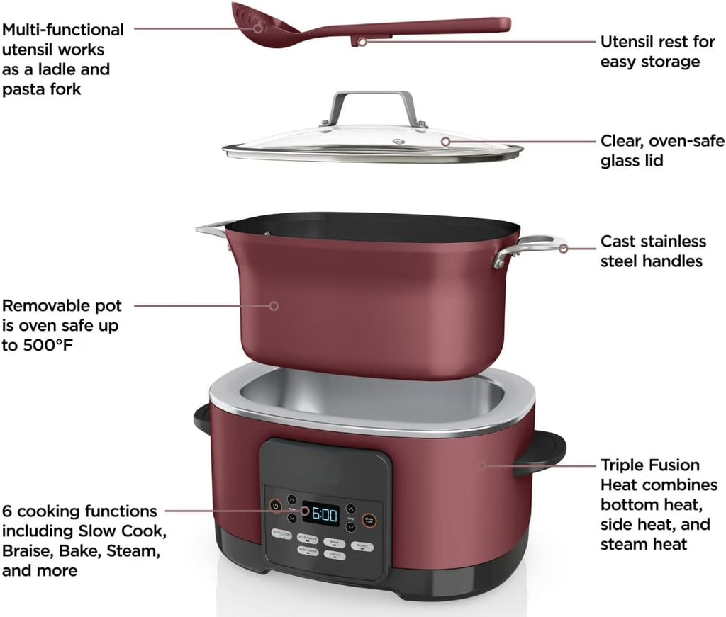 8.5 Quart 10-in-1 Multi Cooker with Slow Cook, Sear, Steam, Bake, Braise and Keep Warm Functions, Triple Heat Cooking, Glass Lid, Integrated Spoon, Digital Cooker Pot