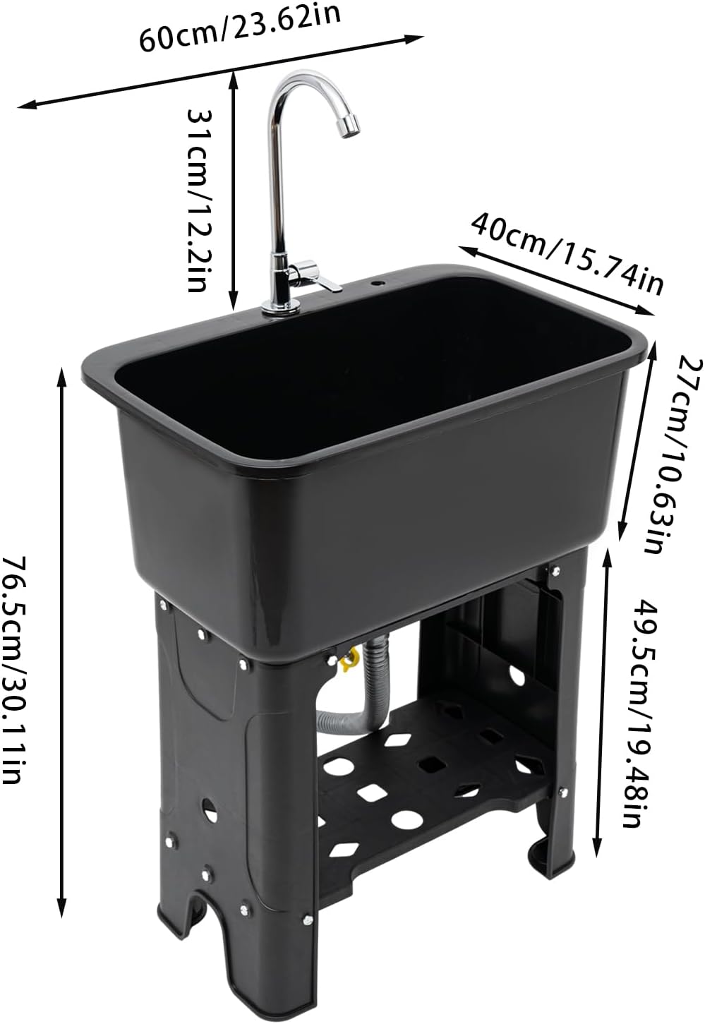 Utility Sink with Faucet for Laundry Room and Garage, Plastic Bathroom Laundry Sink Freestanding Laundry Tub Outdoor Sink Ideal for Workshop, Bathroom, Kitchen, 24" W x 16" D x 30" H (Black)