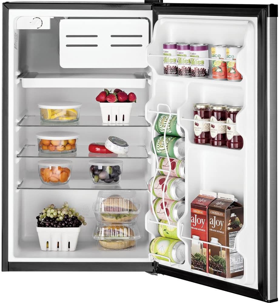 GE Mini Fridge With Freezer | 4.4 Cubic Ft. | Single-Door Design With Glass Shelves, In-Door Can Rack & Small Freezer | Small Refrigerator Perfect for the Garage, Dorm Room, or Bedroom | Clean Steel