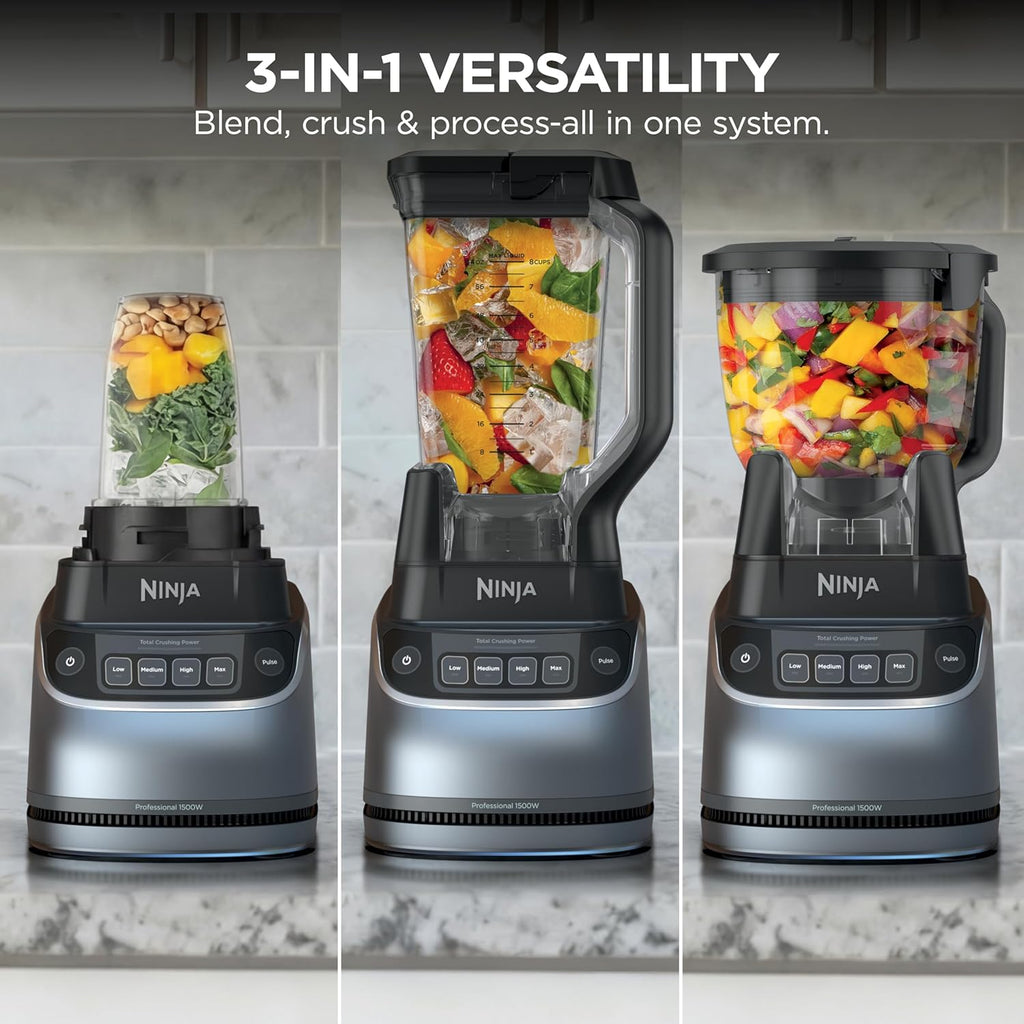 Ninja UltraCrush Professional Kitchen System | 1500W, 72oz Full-Size Blender, 8-Cup Food Processor & 18 oz To-Go Cup | Total Crushing Technology, Smoothies, Ice Crush, Chopping & More | Silver | BP401