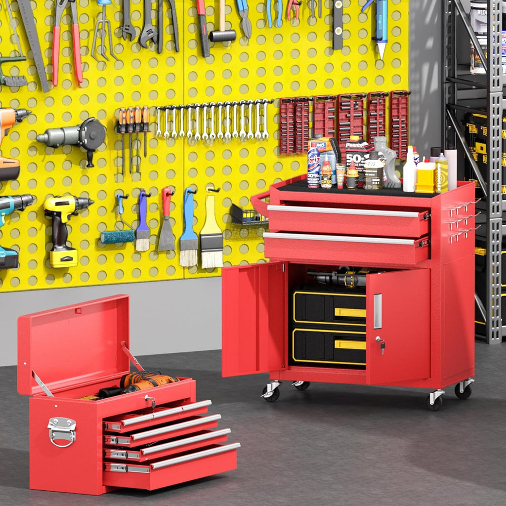 Greenvelly 8-Drawer Rolling Tool Chest, Assembled 2 in 1 Detachable Metal Tool Box with Wheels, Lockable Steel Tool Cart with Drawer Liners & Side Hooks for Garage, Workshop, Repair Room (Red)