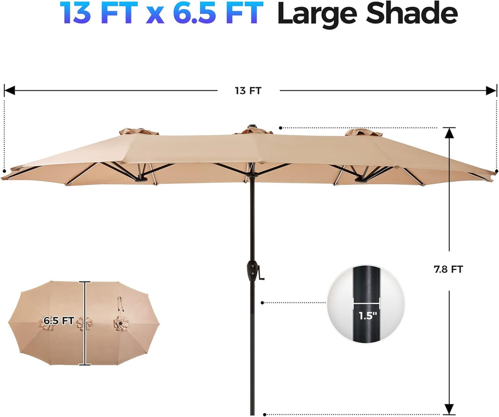 SUPERJARE 13ft Outdoor Patio Umbrella with Solar Lights, Double-sided Deck Pool Umbrella with 1.5 Inch Pole, Fade Resistant Canopy, 12 Sturdy Ribs, for Porch, Market, Backyard, Beige (No Base)