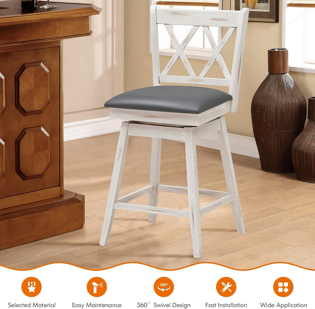 COSTWAY Bar Stool Set of 4, 360 ° Swivel Counter Height 25inch Bar Stool with Foot Rest Upholstered Cushion & Ergonomic Backrest, Sturdy Frame, for Pub, Kitchen Islands (4, Antique White + Grey)