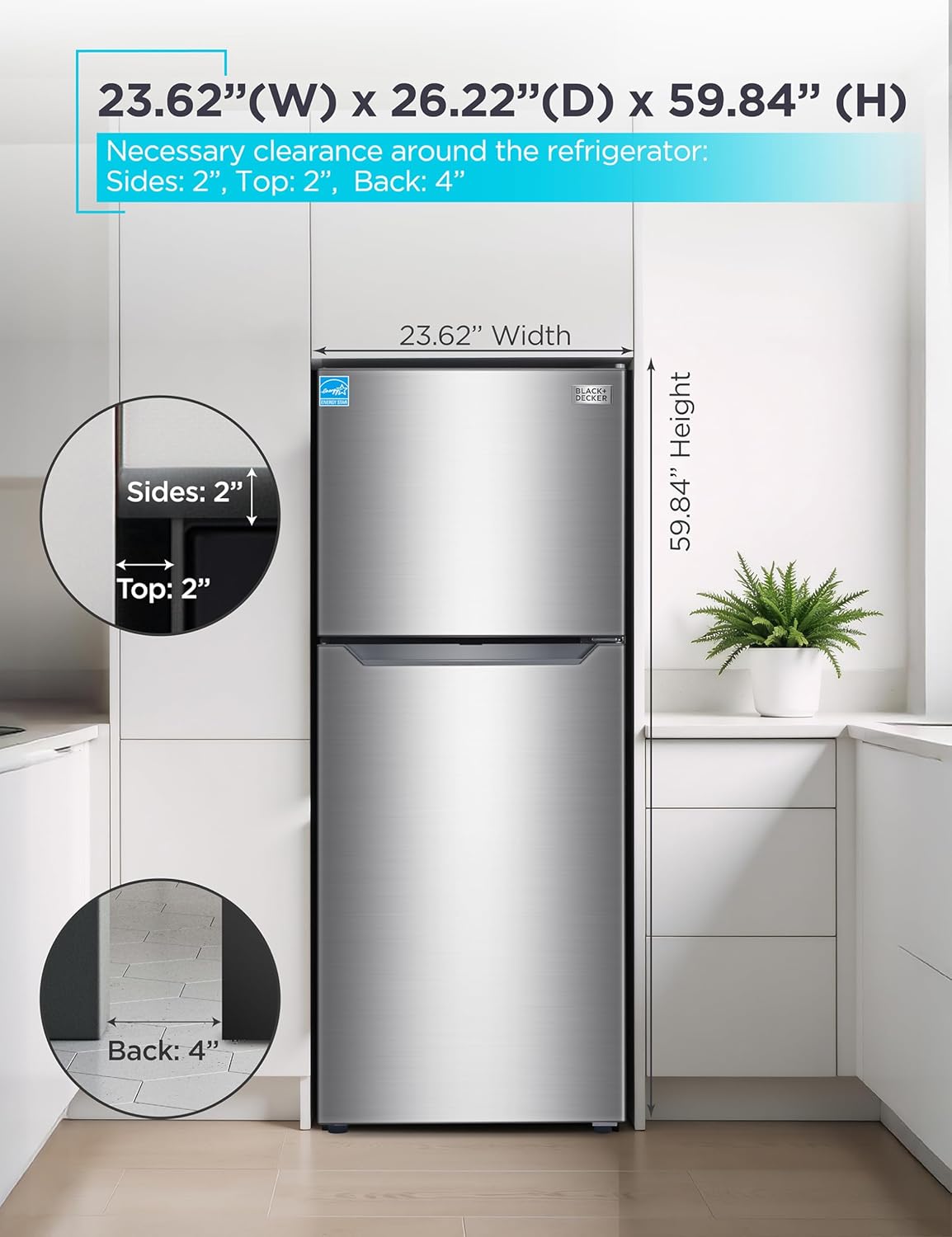 BLACK+DECKER 10 Cu. Ft. Top Mount Refrigerator with Freezer, 2 Door Refrigerator with Top Freezer and Adjustable Temperature Control,ENERGY STAR, BR1000HS, Stainless Steel Look