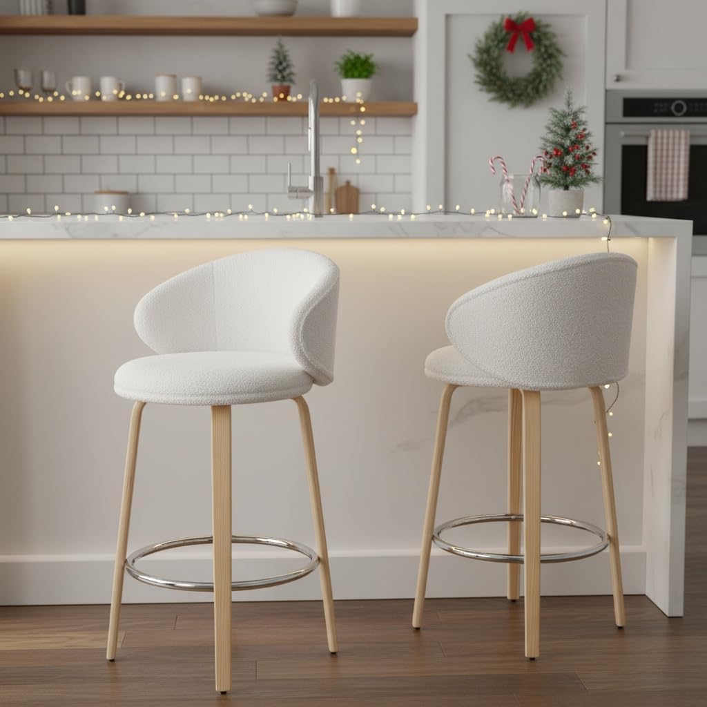 DUOMAY 2-Pack 26" Counter Height Bar Stools, White Sherpa Barrel Back Kitchen Island Chairs with Wood Legs for Dining Room, Bar, Coffee Shop