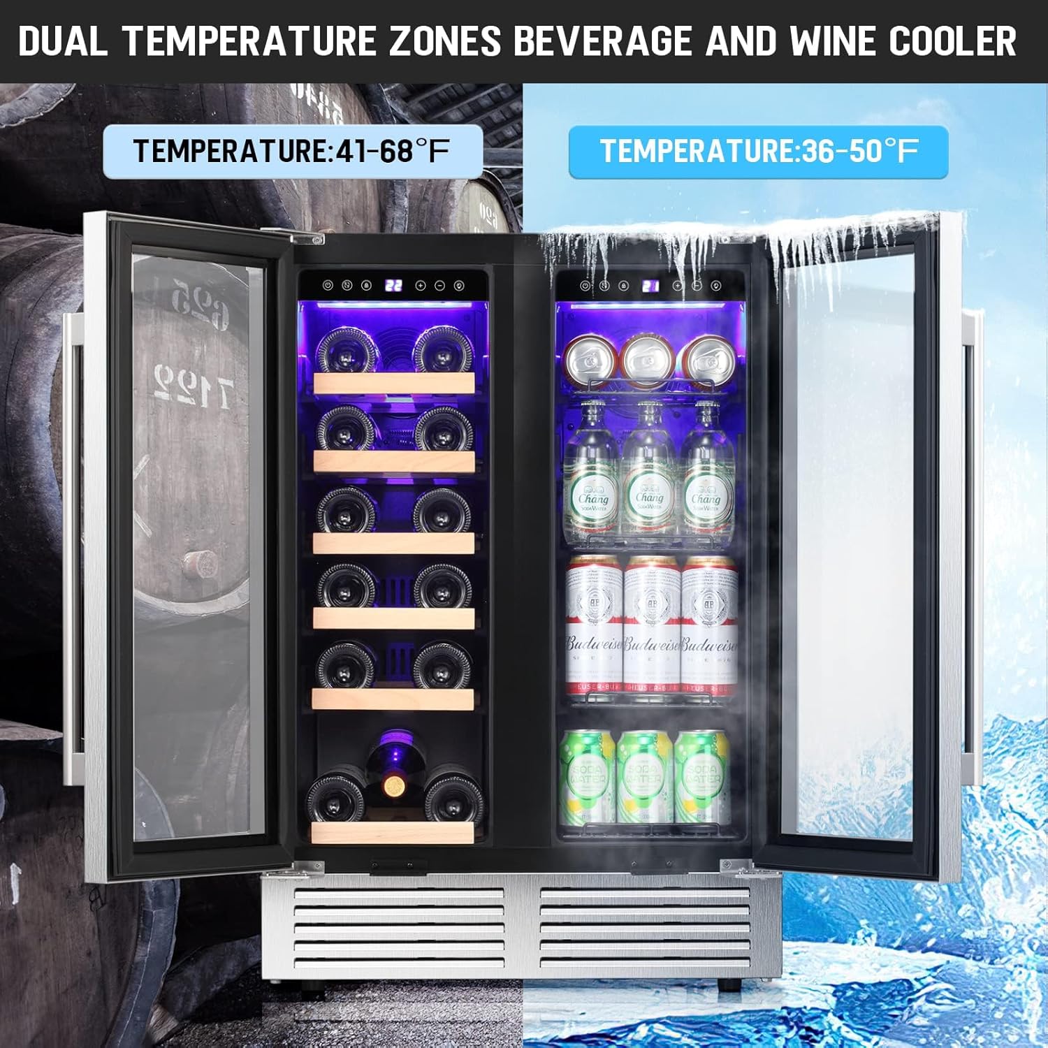 Antarctic Star 24 Inch Dual Zone Wine and Beverage Refrigerator, Built-in or Freestanding Mini Fridge with Clear Glass Door & LED Light, for Beer, Soda, and Wine