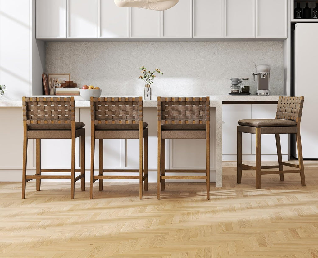 EALSON Mid Century Rattan Bar Stools Set of 4 Modern Farmhouse Barstools with Leather Woven Backs 26 Inch Wooden Counter Stool Breakfast Upholstered Bar Chairs for Kitchen Island, Brown
