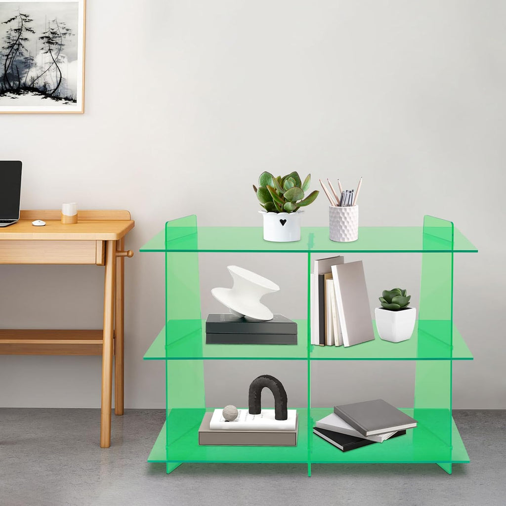 Acrylic Bookshelf, Small 3 Tier Bookcase for Small Spaces,See Through Acrylic Console Table, Hallway Entry Table for Living Room,Coffee Shop, Milk Tea Store (Green)