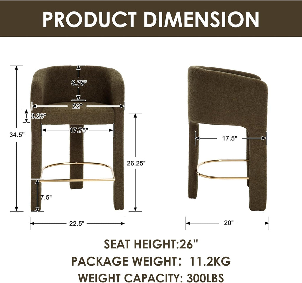 Modern Counter Height Bar Stools Set of 3, 26”H Barrel Counter Stools for Kitchen Counter, Upholstered Barstools with Back and Armrest, Sherpa Bar Stools for Kitchen Island,Home Bar Furniture, Green