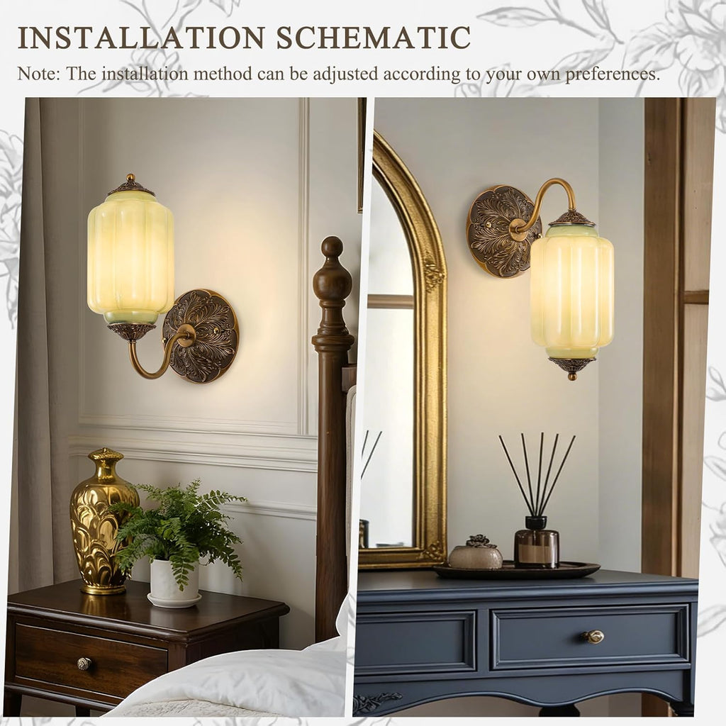 Vintage Gold Milk Glass Wall Sconce, Wall Light Set of Two - Vintage Green Shade & Brass Finish Base, Indoor Hardwired Wall Lighting Fixture for Foyers, Bedroom, etc (Bulbs Included)- Green