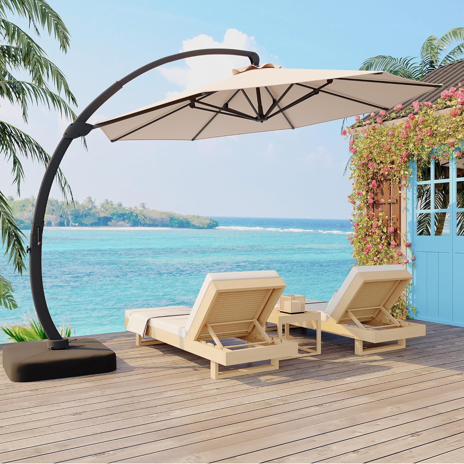 Garvee Outdoor Patio Umbrella with Base Included, 11FT Large Sun Shade Cantilever Umbrella with 360° Rotation, Aluminium Curved Cantilever Umbrella Heavy Duty for Patio Garden Backyard