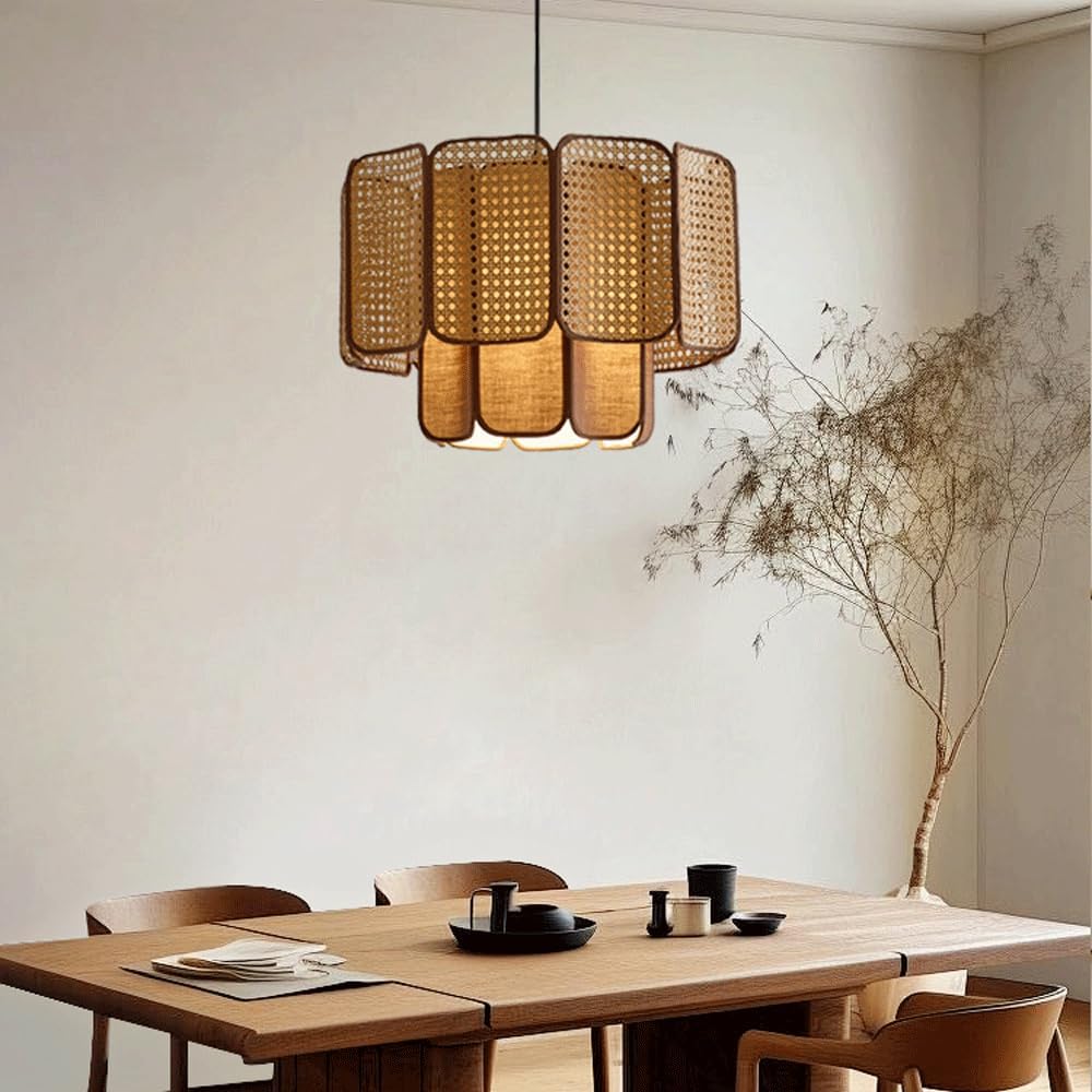 2 Tier Curry Round Linen Hanging Lamp Wabi-sabi Style Creative LEDE27 Base Rattan Pendant Lightled Bedroom Dining Room Living Room Single Head Chandeliers Tea Room Cafe Hot Pot Shop Lighting