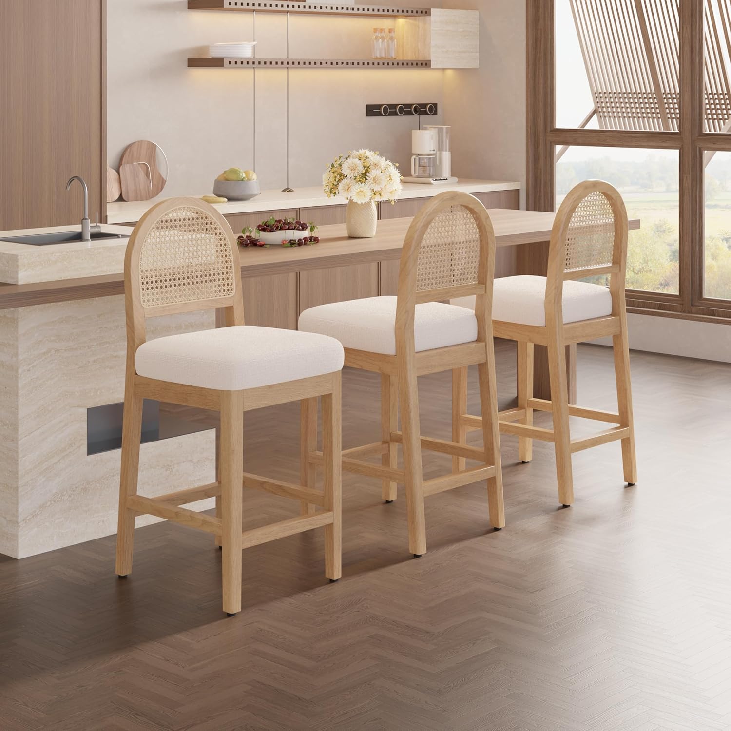 Farmhouse Rattan Counter Height Bar Stools Set of 3, Chenille Upholstered Barstools with Solid Wood Frame & Legs, Chic Kitchen Island Chairs, Natural