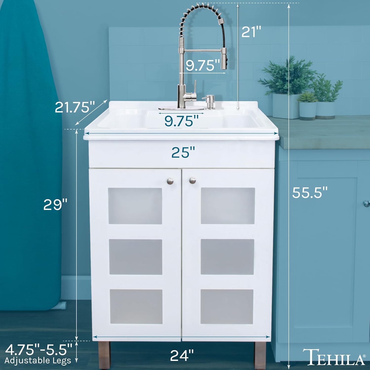White Utility Sink in White Vanity, Stainless Steel Pull-Down Coil Faucet, Soap Dispenser and Spacious Cabinet by JS Jackson Supplies for Garage, Basement, Shop and Laundry Room