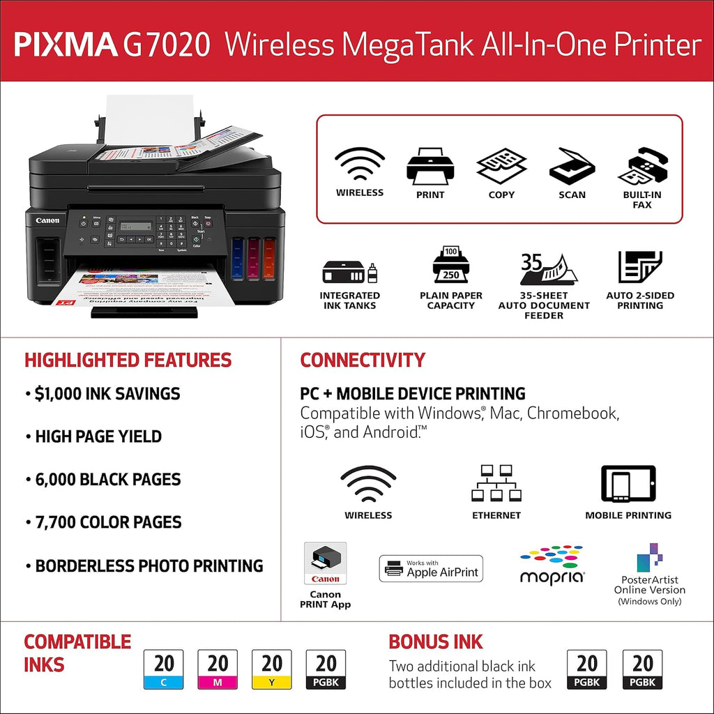 Canon G7020 All-in-One Printer Home Office | Wireless Supertank (Megatank) Printer | Copier | Scan, | Fax and ADF with Mobile Printing, Black, Works with Alexa