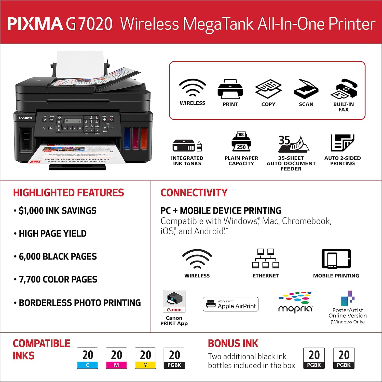 Canon G7020 All-in-One Printer Home Office | Wireless Supertank (Megatank) Printer | Copier | Scan, | Fax and ADF with Mobile Printing, Black, Works with Alexa